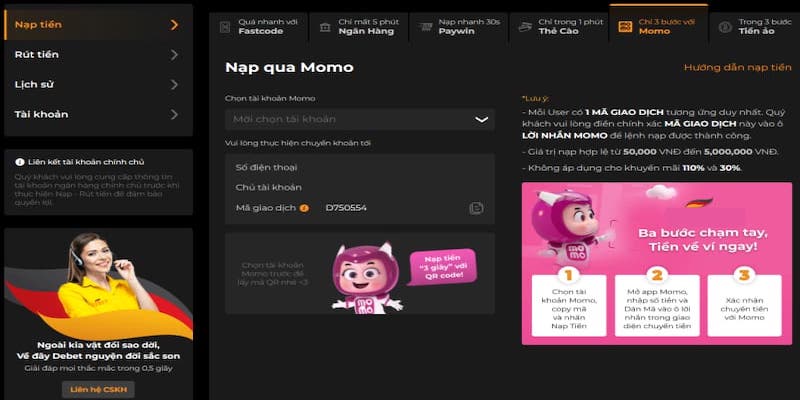 Nạp tiền Locla88 qua ví điện tử Momo
